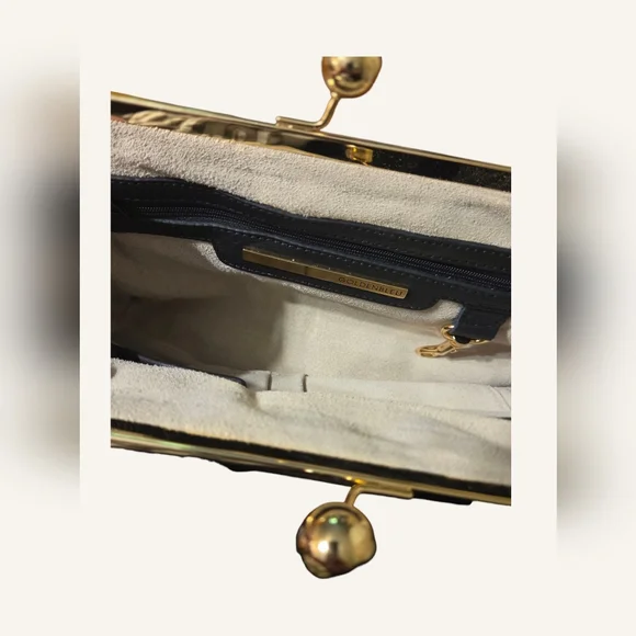 GOLDENBLEU Black Leather Kiss-Lock Clutch Purse Handbag with Dust Bag - Picture 2 of 3